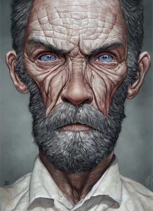 Image similar to portrait of a 7 year old boy, with old wrinkly skin and a scruffy beard, very detailed eyes, hyperrealistic, very detailed painting by Glenn Fabry, by Joao Ruas, by Artgerm