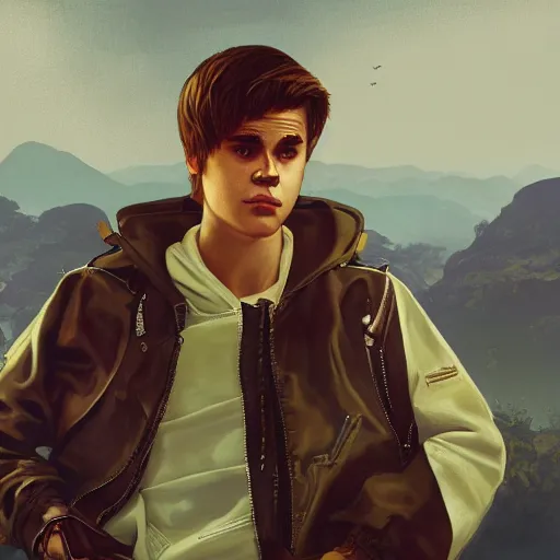 Prompt: Justin Bieber as a grand theft auto 5 loading screen, close shot, intricate, highly detailed, digital painting, artstation, concept art, sharp focus, illustration, art by greg rutkowski and alphonse mucha