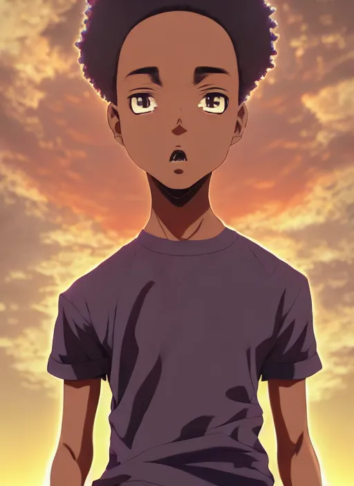 Prompt: confident hip hop young black man, looking down at the camera, anime style, scenery wallpaper aesthetic, pastel colors, symmetrical face, cinematic, dramatic, super detailed and intricate, hyper realistic, 4 k render, by artgerm, by kyoung hwan kim, by ralph mcquarrie, by yoshiyuki tomino