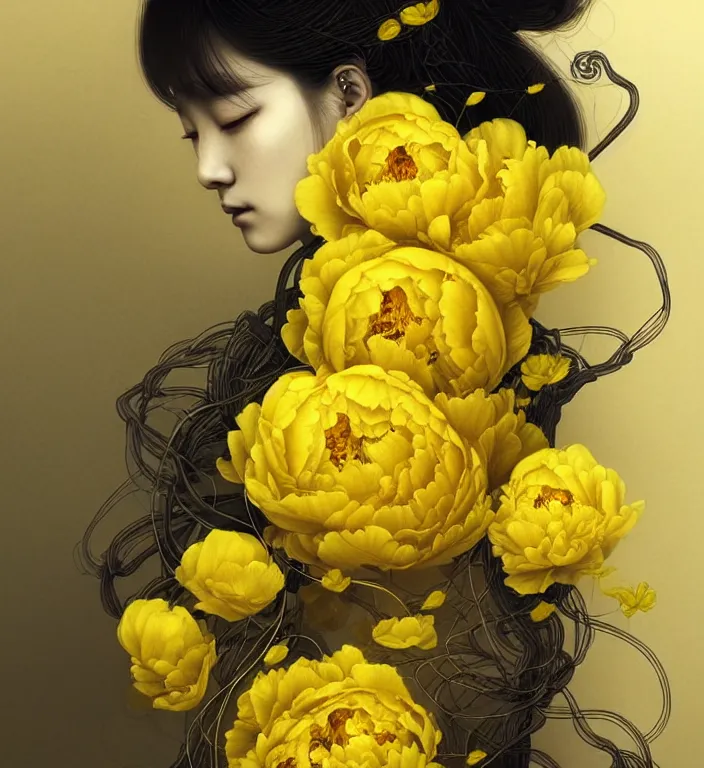 Image similar to beautiful yellow woman, symmetrical portrait, realistic, black peonies, tangled vines, rich details, by wlop and amano yoshitaka