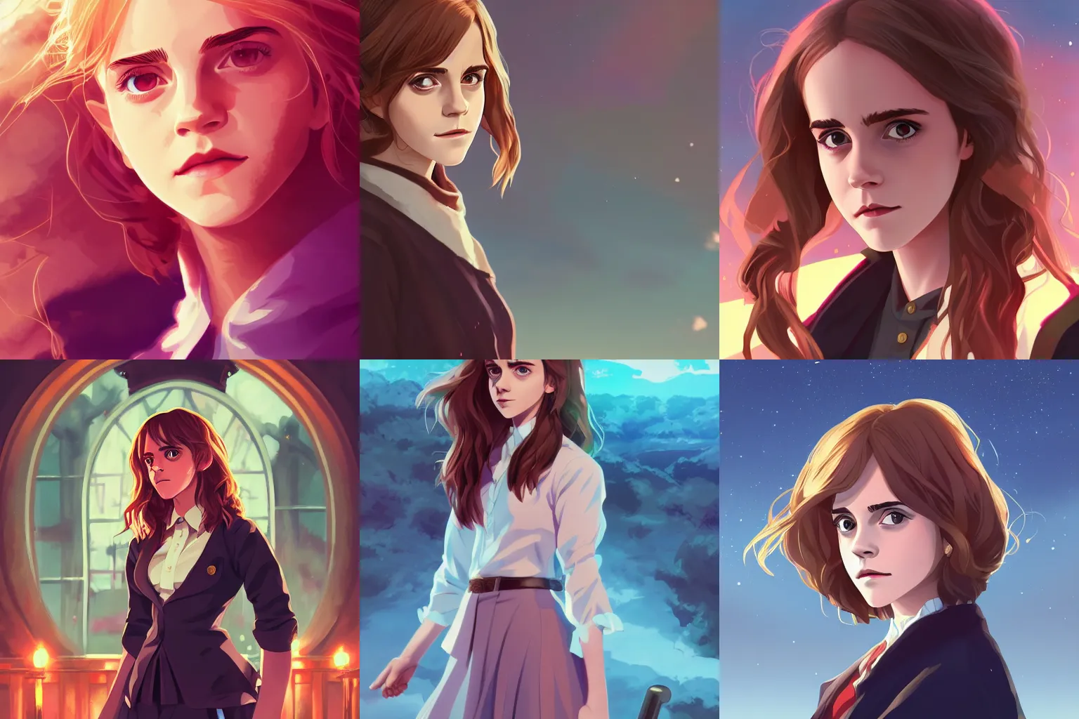 Prompt: portrait of Emma Watson as Hermione Granger, rich vivid colors, ambient lighting, dynamic lighting, 4k, HQ, official media, anime key visual, makoto shinkai, ilya kuvshinov, lois van baarle, rossdraws, detailed, trending on artstation