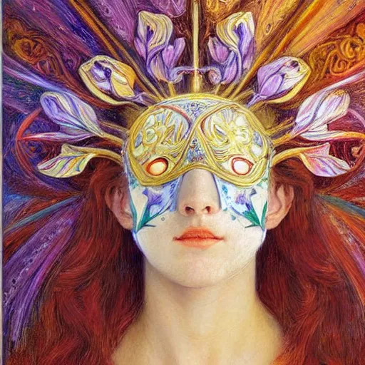 Prompt: masterpiece painting of a facemask made of stylized flowers, by annie swynnerton and jean delville and tino rodriguez, flower mask, art deco shaman, symbolist, dramatic lighting, god rays, elaborate geometric ornament, clean crisp graphics, soft cool colors, smooth, sharp focus, extremely detailed