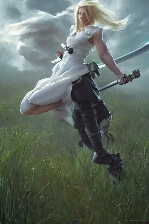 Prompt: cloud from final fantasy 7, battle stance , highly detailed, in a magical lush field of overgrown plants, digital painting, artstation, concept art, smooth, sharp focus, illustration, cinematic lighting, art by artgerm and greg rutkowski and alphonse mucha