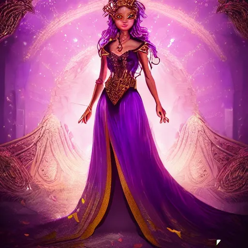 Image similar to portrait princess of amethyst, glowing, ornate and intricate purple jewelry, jaw dropping beauty, glowing background lighting, purple accent lighting, hyper detailed, fairy tale, 4 k octane render