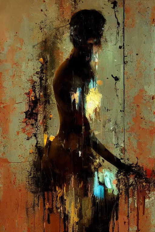 Image similar to a beautiful glitched painting by christian hook of a woman in a bathroom, metal rust and plaster materials, brushstrokes by jeremy mann, still life, dark colors