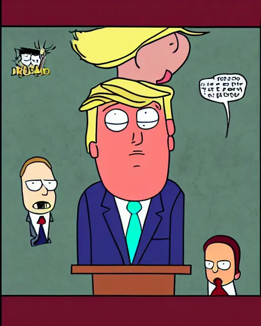 Image similar to donald trump in the style of justin roiland, cinematic lighting, style of rick & morty, photographic, photography. by justin roiland