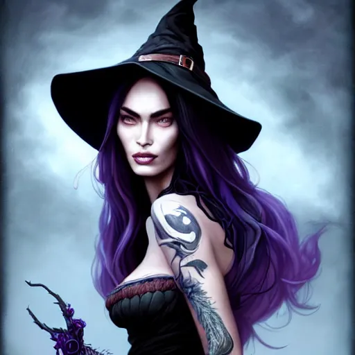 Prompt: an insanely detailed portrait of a beautiful witch that looks like megan fox with long dark purple hair, wearing black witch hat, beautiful expressive detailed eyes, in the style of peter mohrbacher, artgerm, dramatic lighting and composition, octane render, trending on artstation, concept art