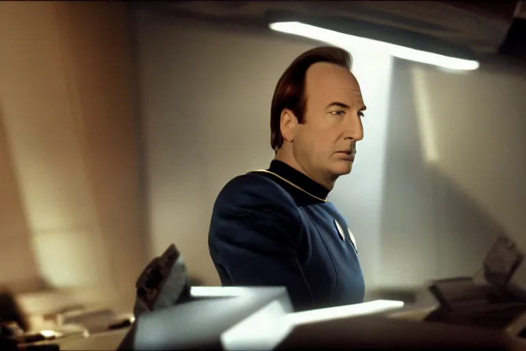 Prompt: A film still of Bob Odenkirk in a Star Trek: The Next Generation, sitting in Ten Forward, dramatic lighting