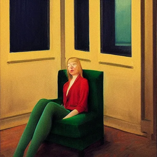 Image similar to Elle Fanning sitting in a green chair at night in the world of Edward Hopper, lamp, extremely detailed masterpiece, oil on canvas, low-key neon lighting, artstation, Blade Runner 2049, Roger Deakin’s cinematography, by J. C. Leyendecker and Peter Paul Rubens,