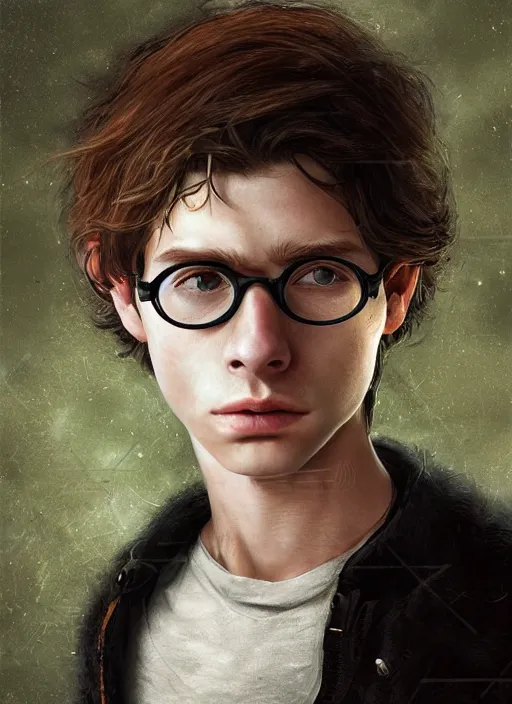 Prompt: a small, skinny 1 7 - year - old boy with a thin face, black hair, and green eyes. round glasses held together with tape and a thin scar on his forehead, 8 k, sensual, hyperrealistic, hyperdetailed, beautiful face, long ginger hair windy, dark fantasy, fantasy portrait by laura sava