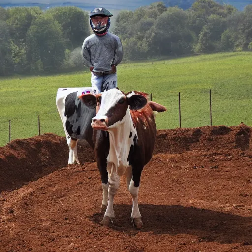 Prompt: a cow, standing on a motocross jump