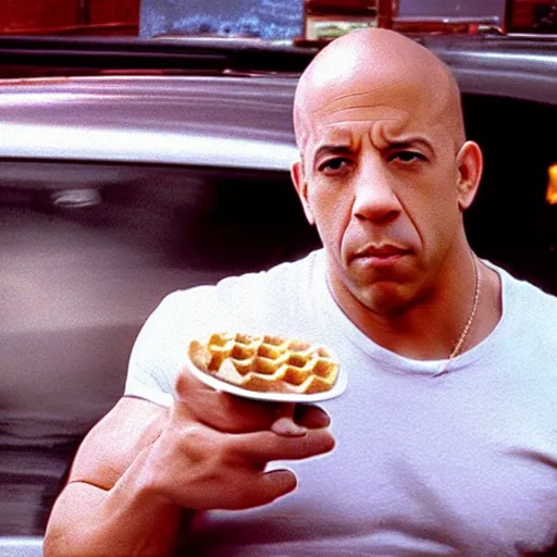 Image similar to movie still of vin diesel eating waffles in a car