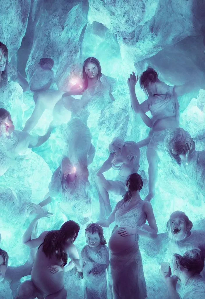 Image similar to epic pregnant woman talking to all her tribe with fluorescence bodies, proud people gather around the pregnant woman, ice cave, facinating, fantasy digital art, octane render, beautiful coherent composition, trending on artstation, matte painting, masterpiece