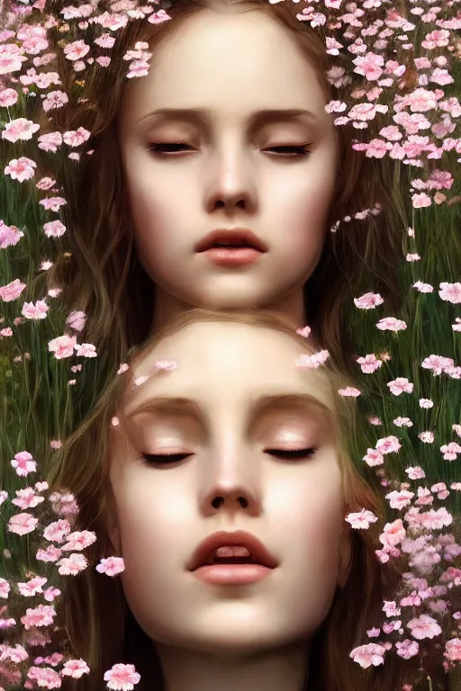 Image similar to stunningly beautiful, prima ballerina in flowery meadow, symmetrical face, golden hour, smooth, focus, highly detailed, hyper realistic, dramatic lighting, elegant, intricate, concept art, art by wlop, mars ravelo, greg rutowski, artstation