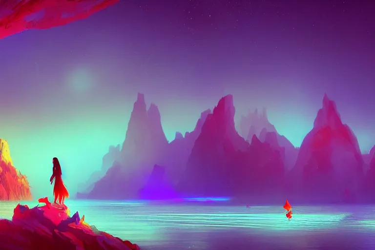 Image similar to wide wide photo of surreal beautiful beautiful woman (((dynamic neon lighting)) in chromatic dmt trippy lake with glowing birds, mountains, elegant, highly detailed, sharp focus, illustration, beautiful, geometric, trending on artstation, cinematic, artwork by Tran, Ross and Aivazovsky, Ivan