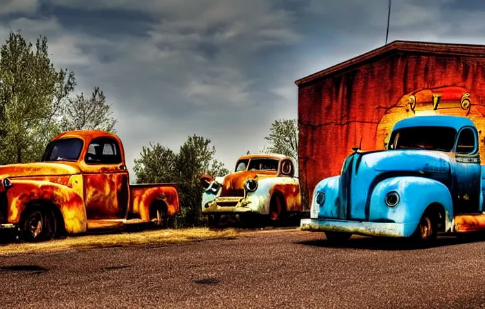 Image similar to A beautiful colorful evening scene of route66, old road with abandoned gas station and rusty old pickup truck, hyper realistic, blinding backlight evening sun, sparkling sun rays, epic scene, intense setting, evening vibe