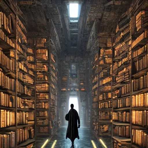 Prompt: a breathtaking 8 k resolution matte painting of a black boy wearing cyberpunk robes inside a vast and endless four dimensional solarpunk library a the end of the galaxy, timbuktu, in a symboloic and meaningful style, by m. c. escher and greg rutkowski and zdislaw beksinki