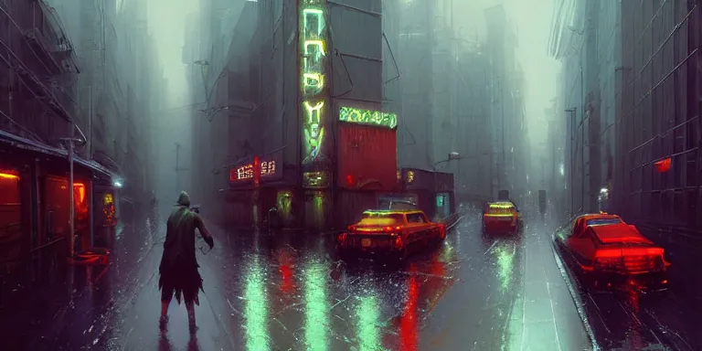 Image similar to painting cyberberpunk city in the rain wet street vaporwave rust grungy, by eric lafforgue, glennray tutor and edward hopper, greg rutkowski. trending on artstation.