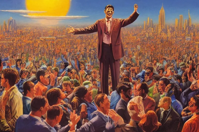 Prompt: a picture of a happy subgenius - salesman at a alter speaking to a crowd of kneeling cultists holding up dollars, flying saucers in the sky, sunrise, a detailed matte painting by mort kunstler, pixiv, kitsch movement, city background, movie poster, official art