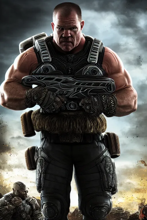 Image similar to jocko willink as a muscular Gears of War character commanding, photorealism, half body, HDR ambient background, unreal engine 5, hyperrealistic, highly detailed, XF IQ4, 150MP, 50mm, F1.4, ISO 200, 1/160s, cinematic lights, Adobe Lightroom, photolab, Affinity Photo, PhotoDirector 365, realistic