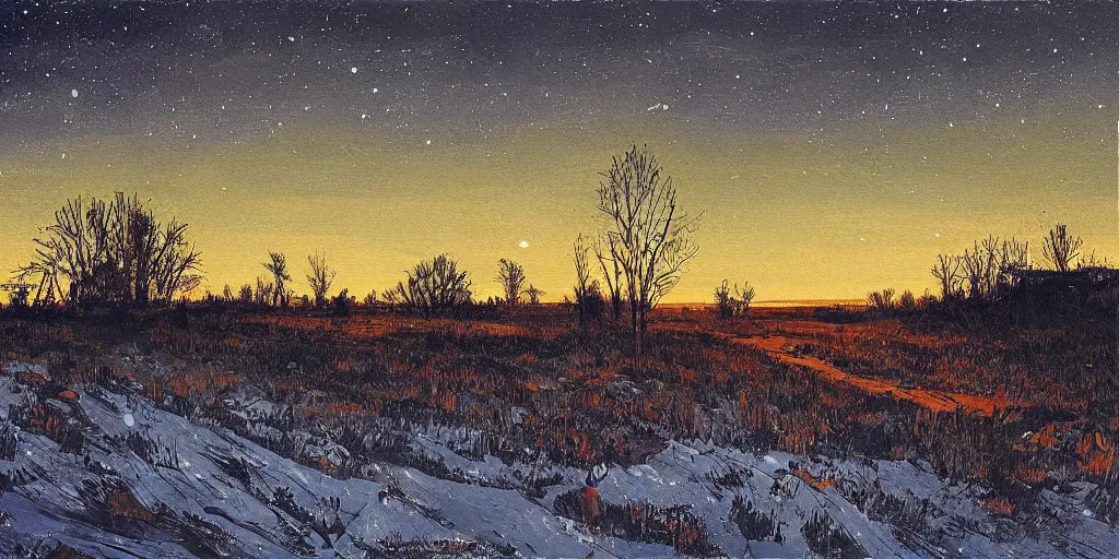 Image similar to “Eastern Front battlefield, nighttime, winter, illuminating flare shot up into the sky, stars visible, painting in the style of Isaac Levitan”