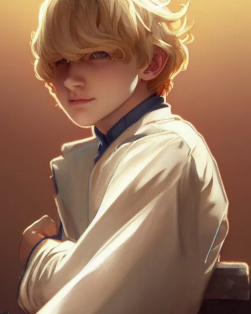 Image similar to 1 5 - year - old boy with blonde hair, round - face, and slightly buck - toothed, highly detailed, digital painting, artstation, concept art, smooth, sharp focus, illustration, art by artgerm and greg rutkowski and alphonse mucha