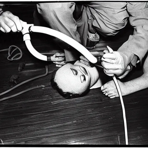 Image similar to A dramatic photo of a an electrician receiving CPR after being electrocuted (1967). Black and White