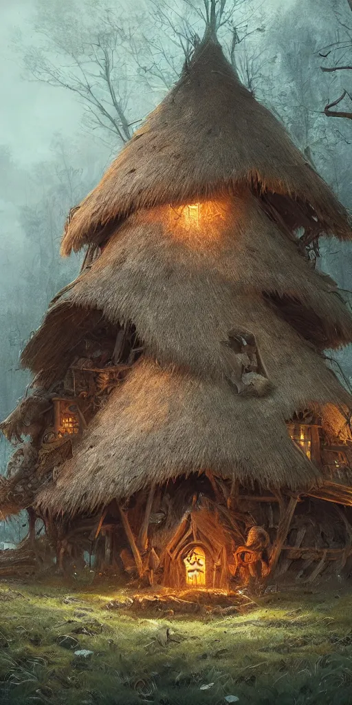 Image similar to a witch hut, greg rutkowski, zabrocki, karlkka, jayison devadas, trending on artstation, 8 k, ultra wide angle, zenith view, pincushion lens effect