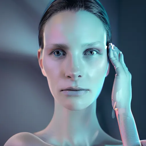 Image similar to Macro portrait of a cyborg woman's face (half human half robot), rendered in unreal engine, rendered in octane render, rendered in blender, unreal engine, octane, blender, dark studio lighting, bright, glowing aura, vividly beautiful colors, bioluminescence, bioluminescent lighting, volumetric lighting