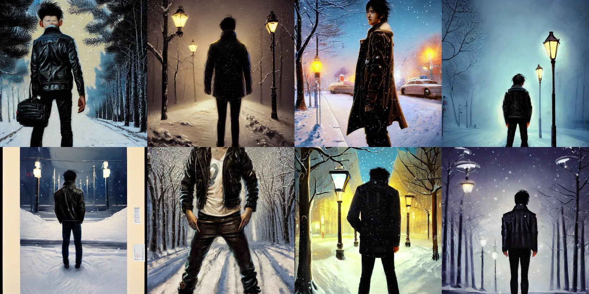 Prompt: beautiful snow - covered victor tsoi korean young man from back standing on alley with street lamps in park with pines, dressed in leather jacket, night, 1 9 8 0 s mullet haircut, half - length portrait, perfect symmetrical eyes, cinematic by peter mohrbacher, detailed, hyperrealism, igla