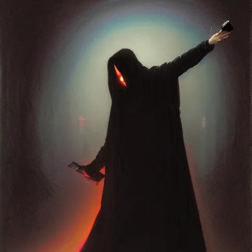 Image similar to artistic scene of a Death taking a selfie a black cloak, a rainbow in the dark, colorful, by Michael Whelan, William Adolphe Bouguereau, and Donato Giancola, highly rendered, beautiful, cyberpunk, moody lighting, glowing light and shadow, atmospheric, shadowy, cinematic, 8K