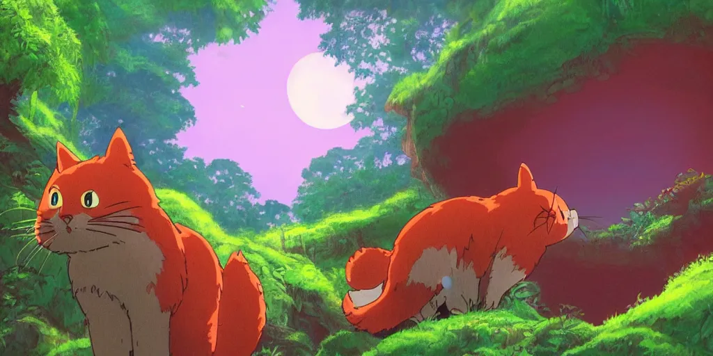 Image similar to red cat shaped like totoro looking into large cave entrance in a lush forest, beautiful ambiance, sunset, studio ghibli style, by hayao miyazaki, sharp focus, highly detailed, 4k