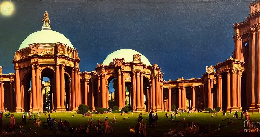 Image similar to the san francisco palace of fine arts during the intergalactic futuristic fair, romantic era painting, majestic