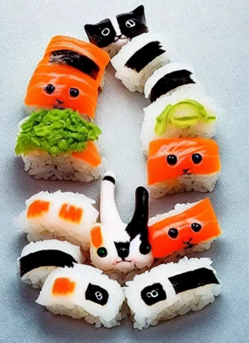 Image similar to clear photorealistic picture of adorable cats made out of sushi