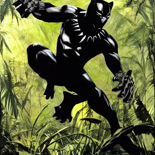 Image similar to black panther in the jungle by dave mckean and yoji shinkawa, oil on canvas