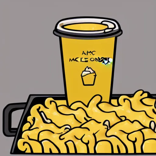 Prompt: an illustration of a box of mac and cheese holding a cup of mac and cheese