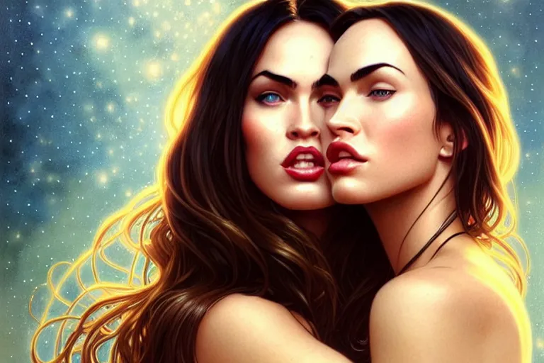 Prompt: portrait of megan fox kissing a blonde woman, lesbian kiss, intricate, headshot, highly detailed, digital painting, artstation, concept art, sharp focus, cinematic lighting, illustration, art by artgerm and greg rutkowski, alphonse mucha, cgsociety