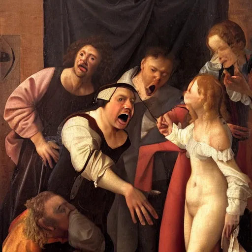 Image similar to a renaissance style portrait painting of screaming!! men