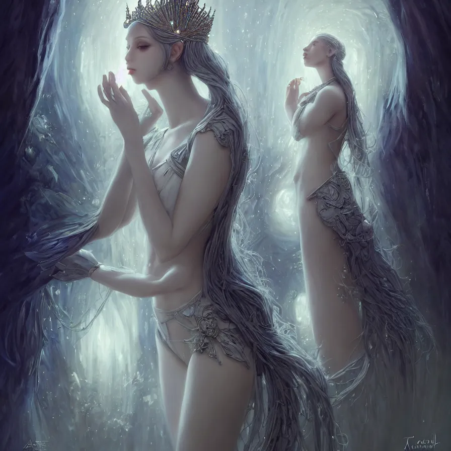 Prompt: Artificial Intelligence Princess, 1/4th full body, fantasy, intricate, elegant, dramatic lighting, emotionally evoking symbolic metaphor, highly detailed, lifelike, photorealistic, digital painting, artstation, concept art, smooth, sharp focus, illustration, art by John Collier and Albert Aublet and Krenz Cushart and Artem Demura and Alphonse Mucha