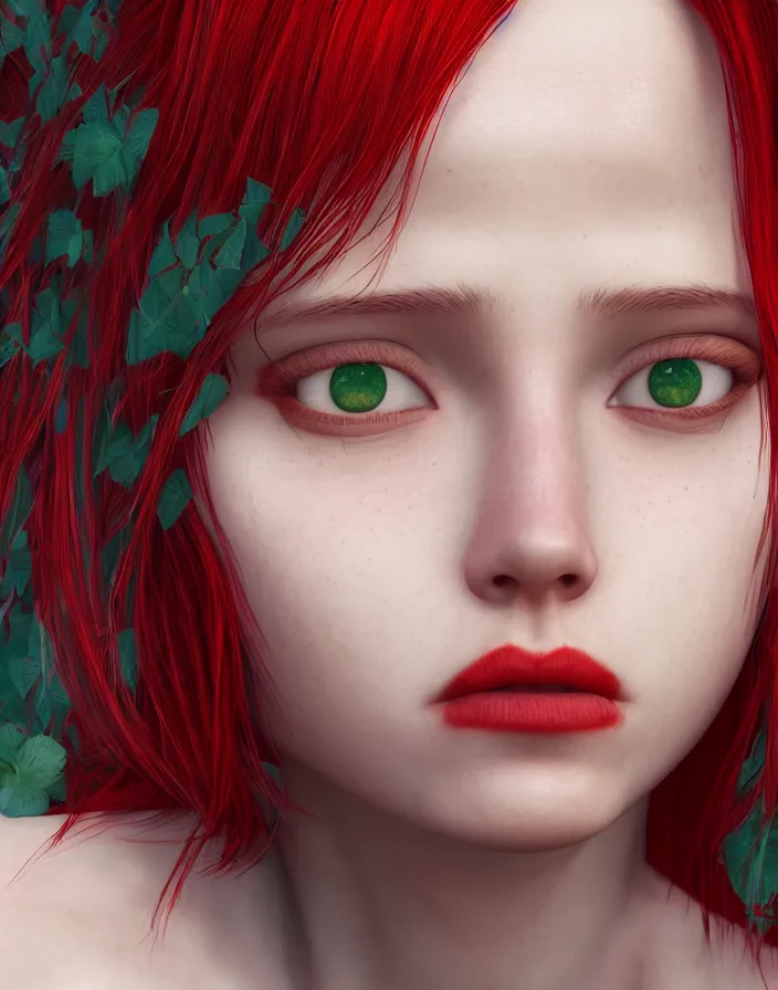 Image similar to girl portrait. red hair, green eyes. intricate artwork. octane render, trending on artstation, very coherent symmetrical artwork. cinematic, hyper realism, high detail, octane render, 8k, matte painting, 3d