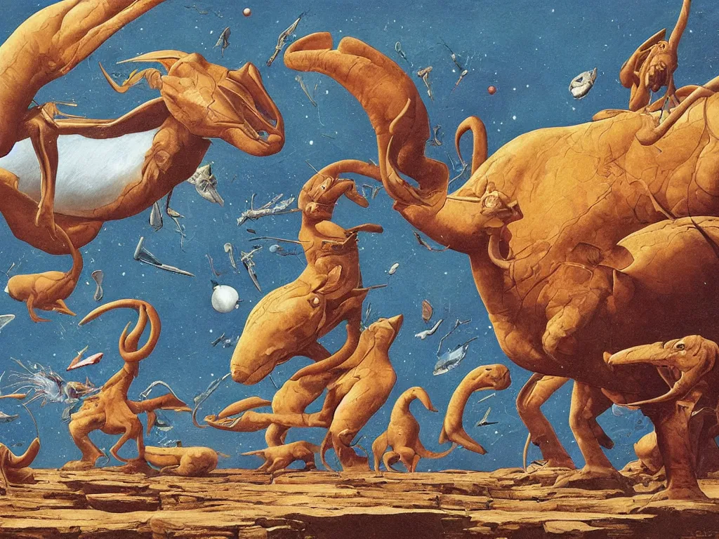 Image similar to Animals on Neptune a million years ago. Painting by Walton Ford, Moebius.