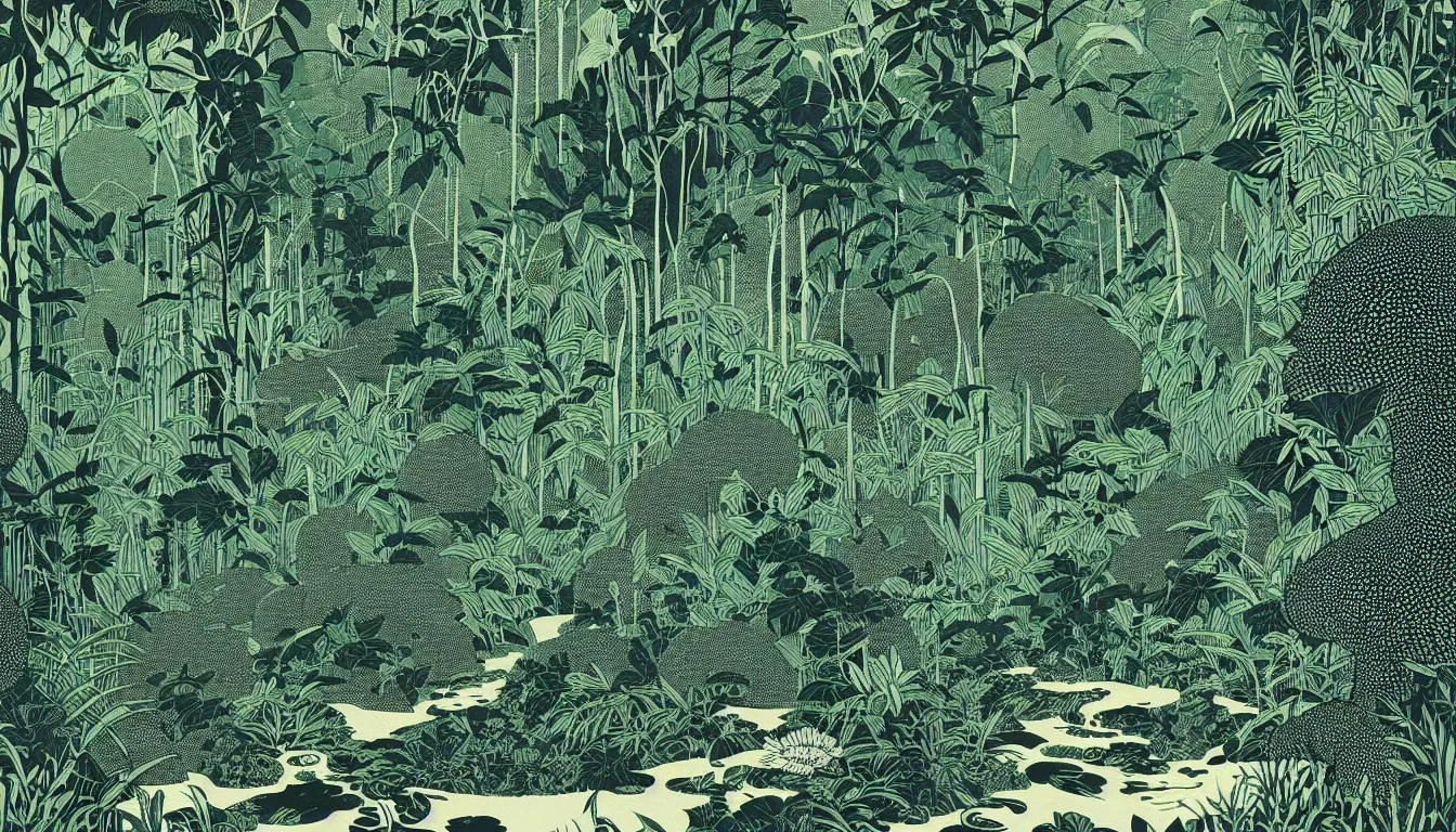 Image similar to lush jungle by woodblock print, nicolas delort, moebius, victo ngai, josan gonzalez, kilian eng