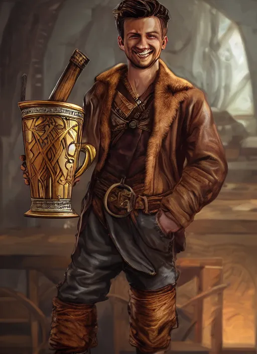 Image similar to An epic fantasy comic book style portrait painting of a handsome young man with brown wavey hair, wearing thief clothing in a tavern and smiling with a wooden tankard in hand, unreal 5, DAZ, hyperrealistic, octane render, cosplay, RPG portrait, dynamic lighting