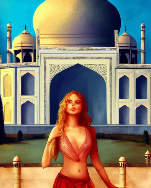 Prompt: tuesday weld visits the taj mahal by charlie bowater