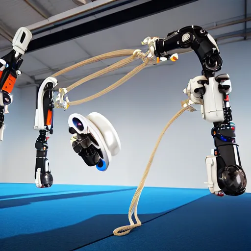 Image similar to three large white glossy kuka industrial robot arms in a gym swinging a jump rope for children, global illumination, artstation, fantasy