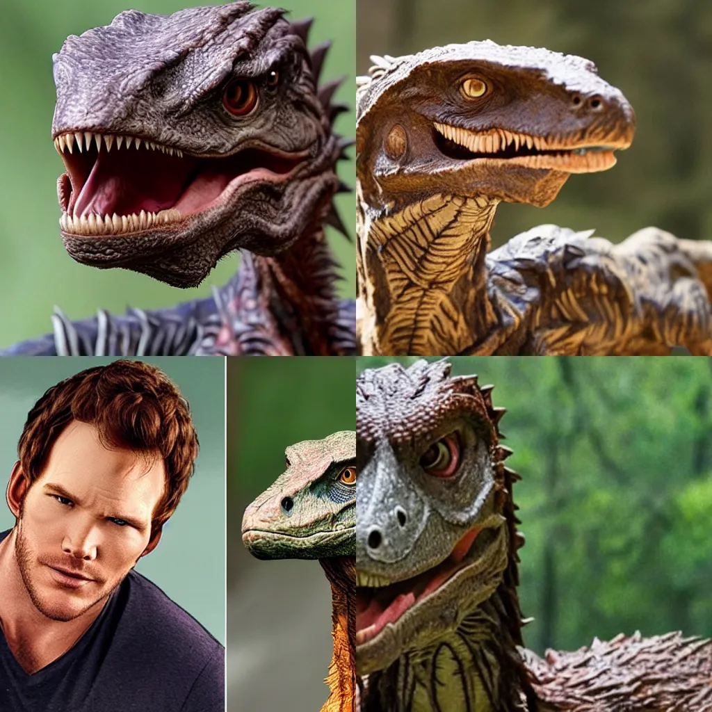Prompt: a velociraptor with the face of chris pratt