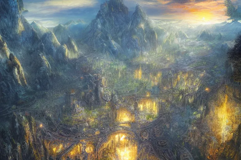 Image similar to fantasy painting, aerial view of an ancient land, sunset and ominous shadows over the kingdom, brutalist rivendell eden by jessica rossier and brian froud