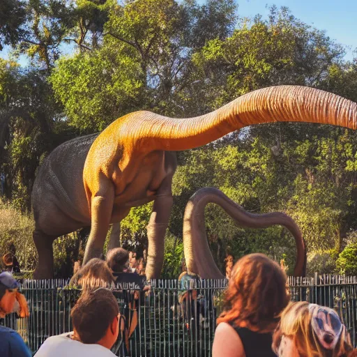 Image similar to photograph of a polaroid of a real brontosaurus exhibit at san diego zoo, tourists in background, bokeh, high definition, slr, golden hour, realistic skin