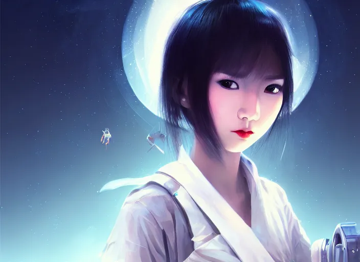 Prompt: asian girl, white short hear, with katana, night sky on background, flying robots, cyberpunk, intricate, elegant, highly detailed, digital painting, artstation, concept art, smooth, sharp focus, illustration, ethereal