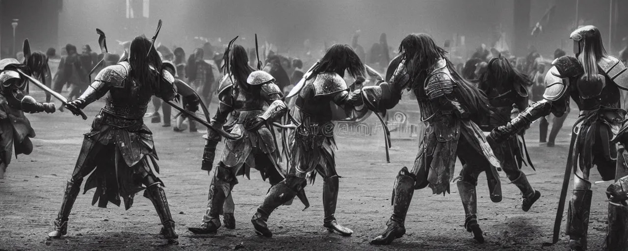 Prompt: Elden Ring:Liverpool 1980 a young woman tries to sneak past a fight between hooligans and a giant dustbin knight high quality professional photo AP PHOTOS